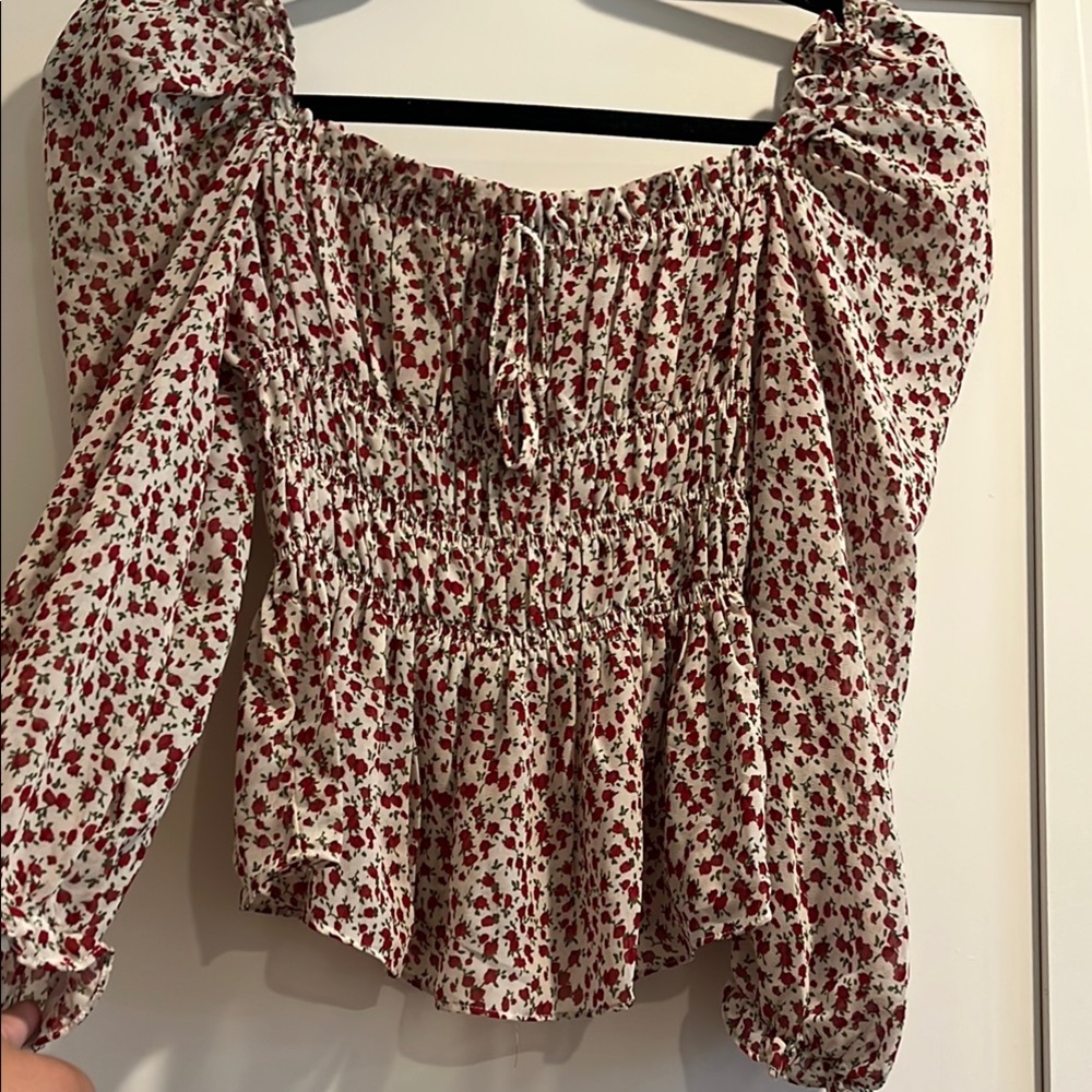 Blush Red Smocked Peplum Blouse with Long Puff Sleeves